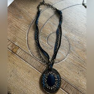 Chico's Blue Beaded Medallion Pendant Chain/Leather Necklace Signed Adjustable